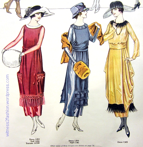 Butterick patterns for women, December 1918. Two are fringed, and the gold dress is trimmed with black monkey fur. Delineator, p. 64.