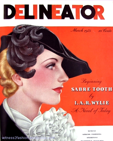 The hairstyle is designed to be worn with a hat. Delineator cover, March 1935. Dynevor Rhys illustration.