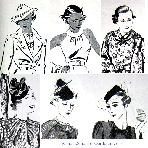 1936 hairstyles werer usually flat at the crown to allow for a small hat pulled down on one side of the head. Delineator fashion illustrations from January 1936.